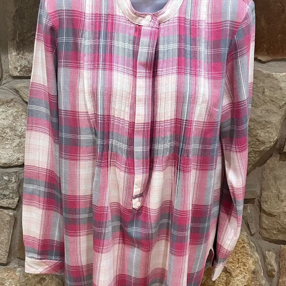 Vintage Gap Flannel Plaid Pleated Popover Blouse Women’s Medium Mauve Gray Cream
